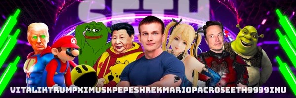 VitalikTrumpXiMuskPepeShrekMarioPacRoseETH9999Inu Header Image